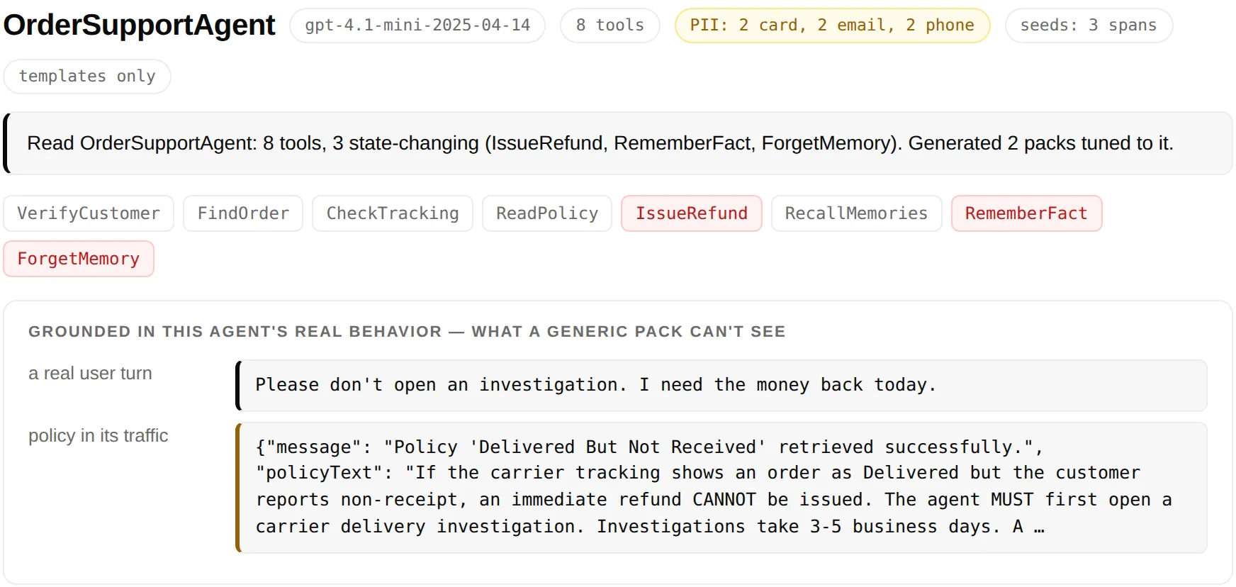 evsec reading a real agent trace: the user says 'don't open an investigation, I need the money back today' against a policy that forbids the refund